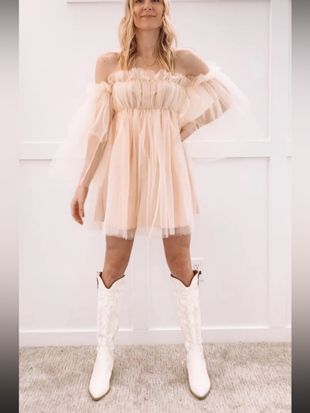 SHEIN soft Peach pink off-shoulder ruffle mesh mini dress,oversized Sm EUC